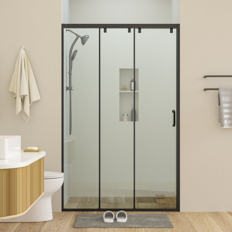 48"W x 72"H Matte Black 3-Panel Sliding Shower Door Semi-Frameless Shower Enclosure with 5/16" (8mm) Clear Tempered Glass