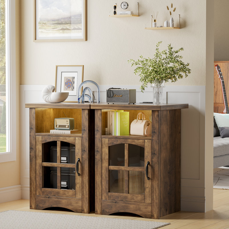 Farmhouse Led Lighted End Table,storage Nightstand With Charging Station And Glass Door, 2, Brown