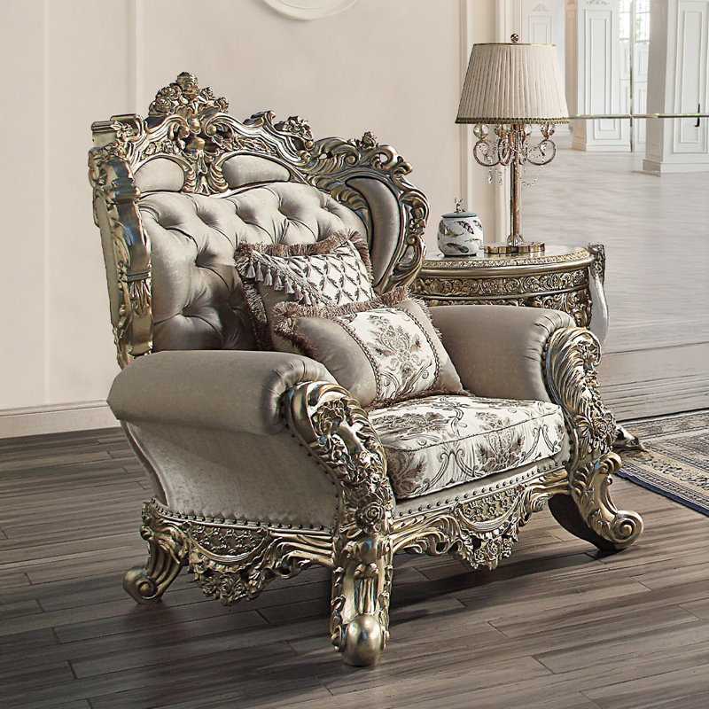 Danae Champagne and Gold Floral Tufted Chair with Pillows