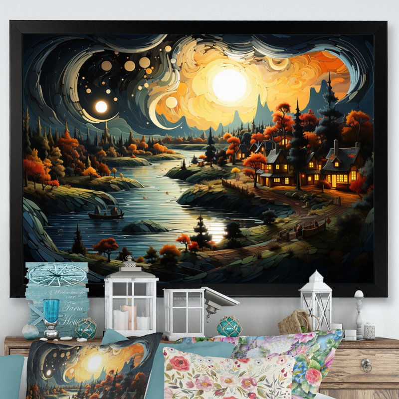 " Peach Lakehouse Journey Begins II ", Black Single Picture Framed, 24" H x 32" W x 1" D