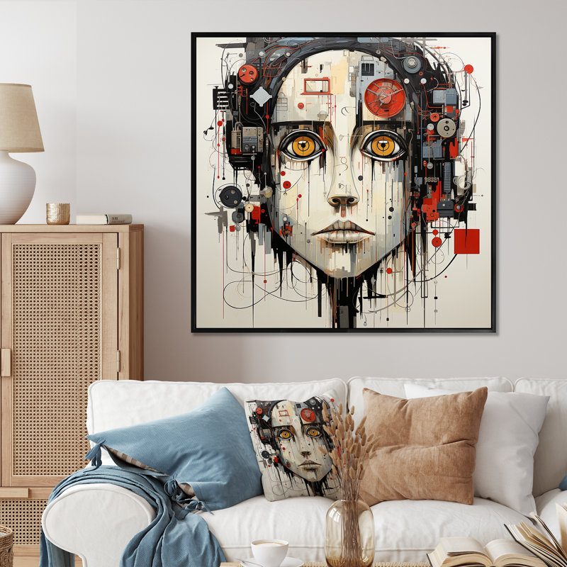 Robotic Minimalisme Portrait - Robot grand art mural, Cadre flottant noir, H 24 po x l 24 po x P 1 po