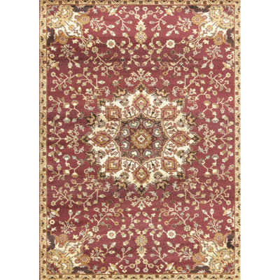Tapis rouge en polypropylène rouge de 5 pi 3 po x 7 pi avec motif médaillon et couleurs élégantes pour tout espace