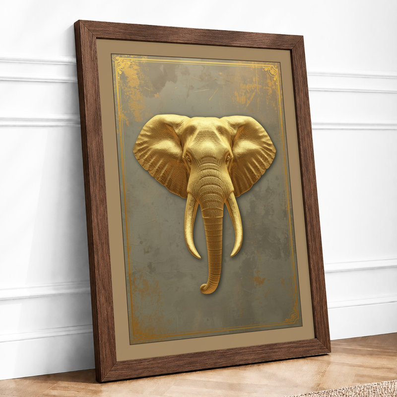 Golden Elephant Art Deco - Framed Print, A3 - 42.0 x 29.7 cm, Walnut