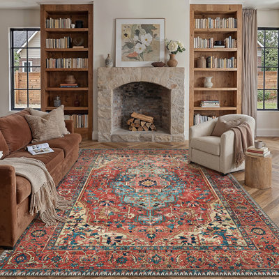 Riva Distressed Medallion Chenille Area Rug with Non-Slip Tapes in Red