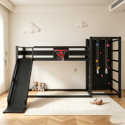 Metal Loft Bunk Bed With Basketball Hoop, Pull-Up Rings, Climbing Wall, And Bookshelves For Fun And Learning