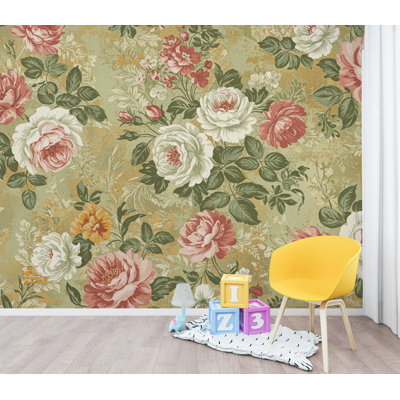 Papier peint floral rétro, décoration murale fleur antique romantique, rose crème sauge, crème, décor champêtre français