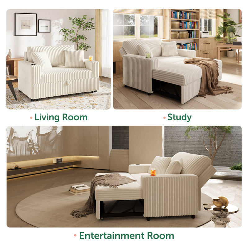 Pull Out Sofa Bed with Chaise Lounge, Vertical White Corduroy Fabric