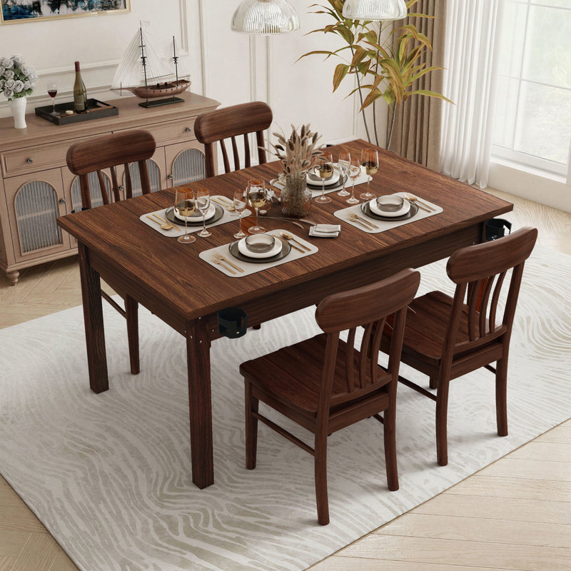 63" 2-in-1 Board Game Table & Dining Table for 4-6 Players, Solid Wood Legs with Removable Top, Felt Play Mat & Rotating Cup Holders, Rustic Brown