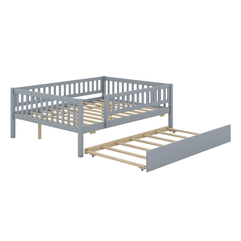 Wood Daybed With Trundle And Fence Guardrails, Gray