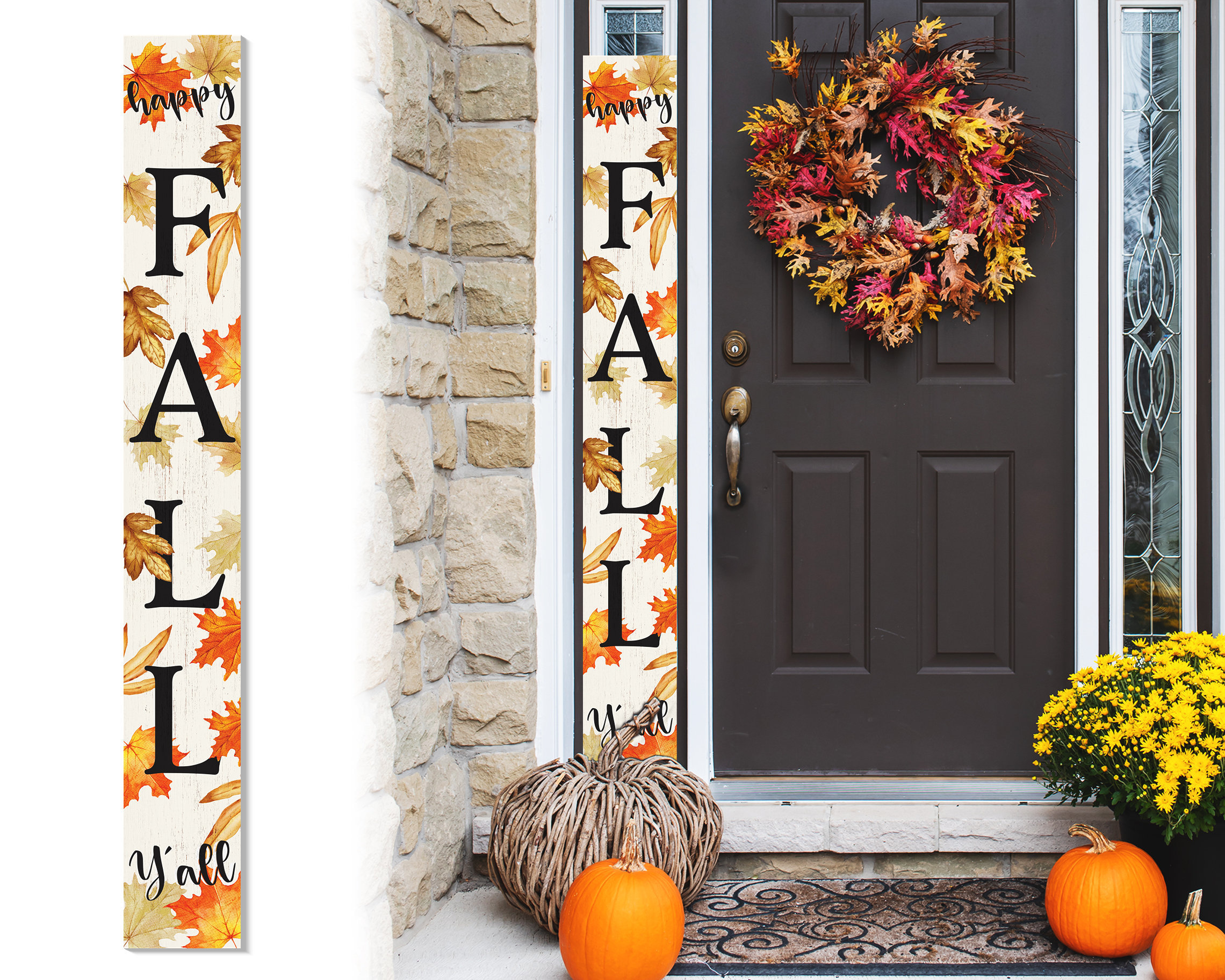 The Holiday Aisle® 72-Inch Hello Fall Y'all Wood Porch Sign w/ Leaves ...