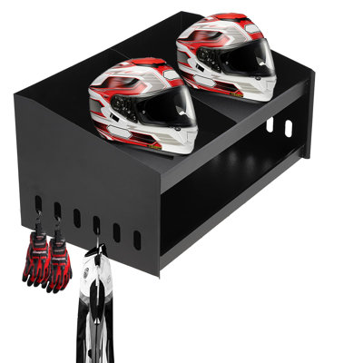 Wall-Mounted Helmet Rack, Aluminum Double Helmet Holder with Hooks for Hanging Clothes, Helmet Stand Storage Cabinet Organizer for Garage Shop Use, Black