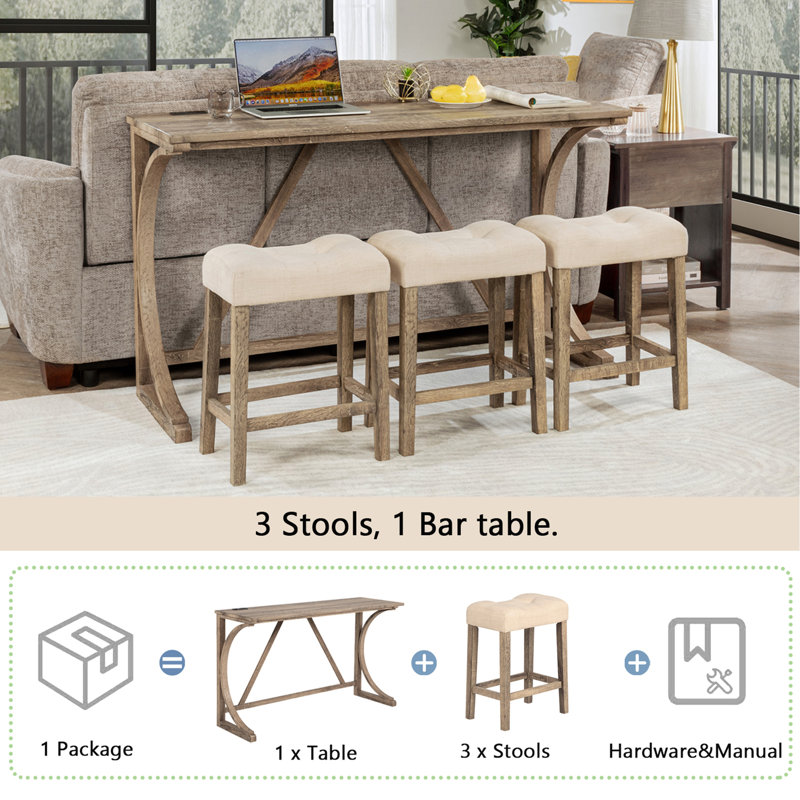 4-Piece Bar Table Set With Power Outlet, Dining Bar Table And Chairs Set,Bar Table Set With 3 Padded Stools For Living Room, Dining Room, Game Room, Brown
