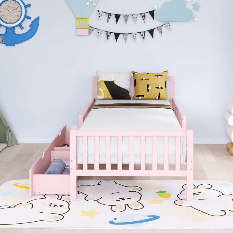 Lit plateforme simple en bois avec garde-corps et deux tiroirs de rangement, Lit simple, Rose