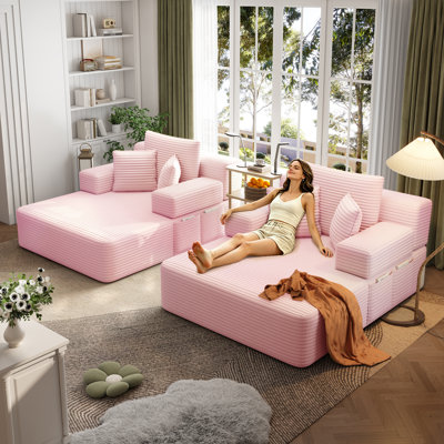 Oversized Double Plush Corduroy Chaise Lounge Sofa Bed,Convertible Sleeper Couch Bed w/ Storage Pockets,Soft Pillows,Multi-Functional Frameless Sofa Couch for Apartment,Home Theater,Dorm
