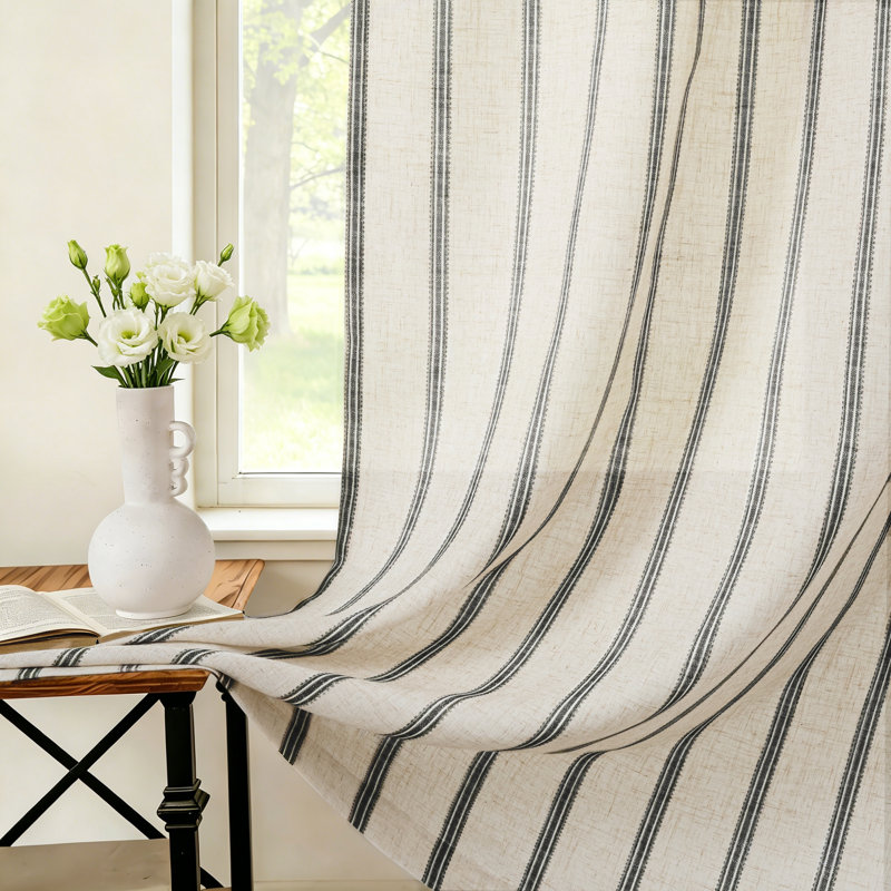 Farmhouse Striped Linen Blend Textured Light Filtering Semi Sheer Rod Pocket Back Tab Curtains, 52" W x 84" L, Black