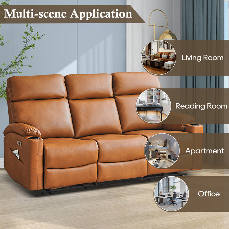 Lilianah Upholstered Power Reclining Sofa w/ Side Pockets, Brown