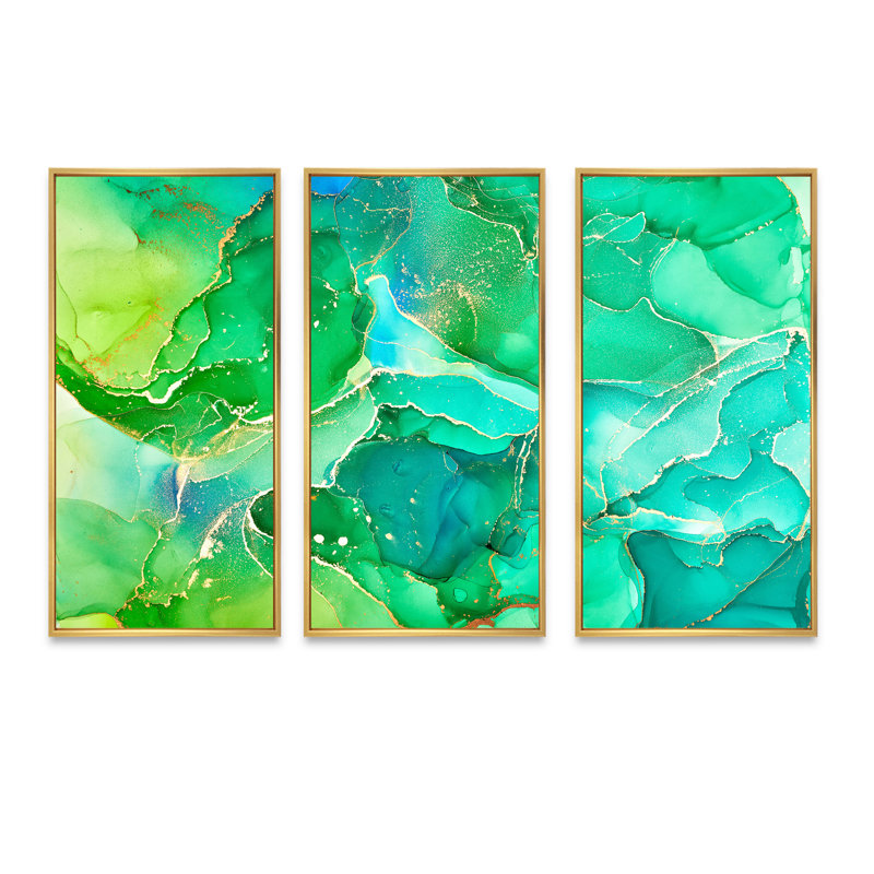 Art liquide vert et bleu - impression sur toile flottante 3 pièces, H 32 po x l 48 po x P 1 po, Cadre doré