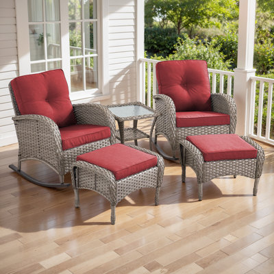 5-Pieces Outdoor Patio Rattan Rocking Chairs Set With Ottomans
