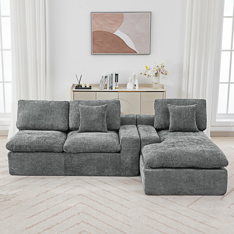 Cloud Sectional Sofa, Upholstered Sofa Couch With Double-Layer Cushion And Side Pockets, Grey