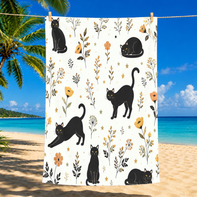 1pièce jolie serviette de plage pour chat noir, avec de charmants chats et des motifs floraux dans un design fantaisiste. Grande microfibre, parfaite pour la piscine, les voyages, unisexe.
