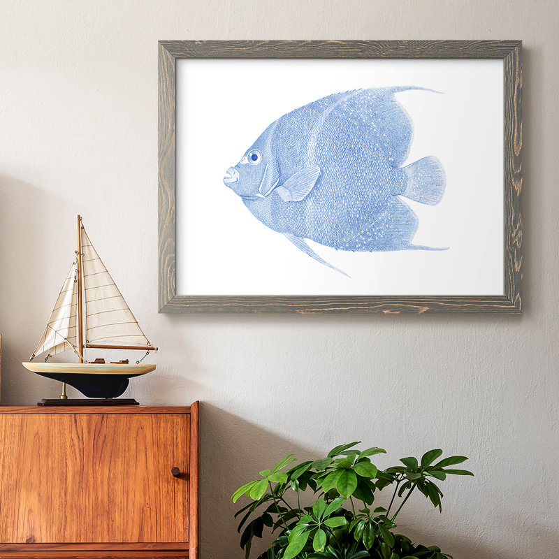 «Blue & White Tropical Fish V», reproduction sur toile, Encadré gris, H 18 po x l 26 po x P 1,5 po