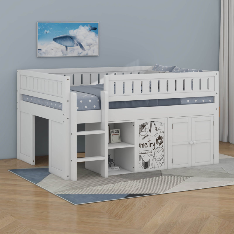 Full Size Loft Bed With Storage Cabinet & Chalkboard Panel, White