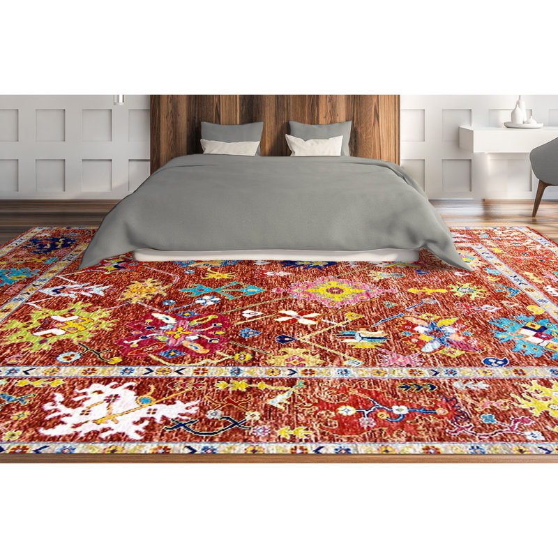 Hand-Knotted High-Quality Red and Red Area Rug, Rectangle 9' x 12'