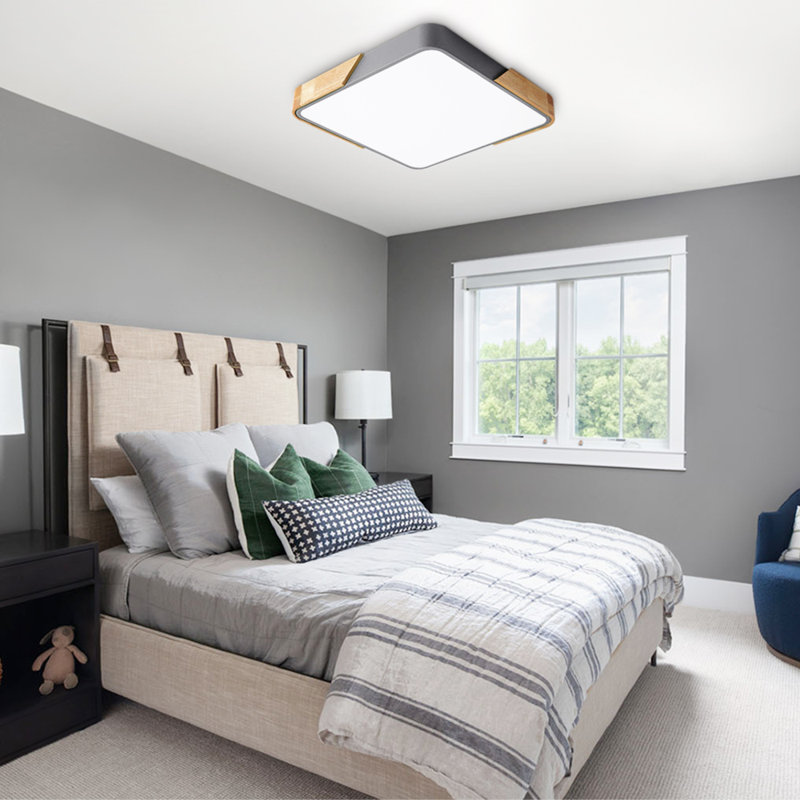 40cm LED Dimmable Flush Mount, Modern Square Ceiling Light with Wood Accent, Gray