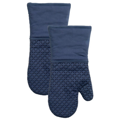 Gant de cuisine en silicone Premium Ogee: résistant à la chaleur jusqu'à 500 degrés - 100% coton et silicone, gant de cuisine 14 po x 7 po pour la cuisine et le barbecue, paquet de 2, indigo