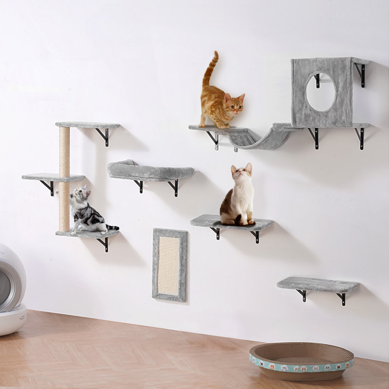 Ensemble de 6 tablettes murales pour chat avec tablettes de saut et support pour hamac