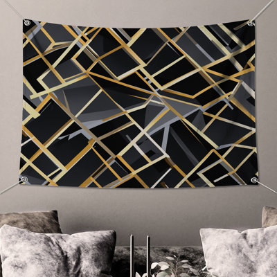 Black Gold Geometric Abstract Wall Tapestry - Geometric Wall Decor