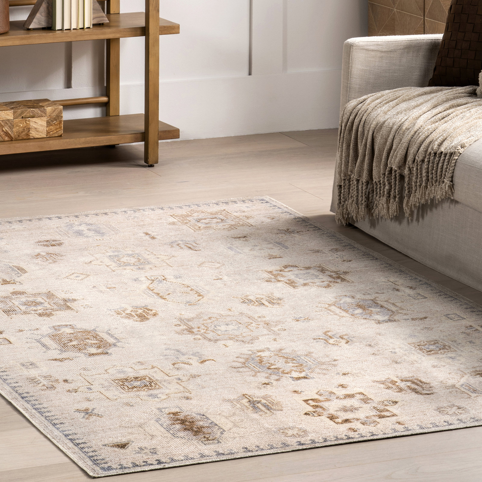 Beige Ivory Machine Washable Oriental Rug, Rectangle 5' x 8'