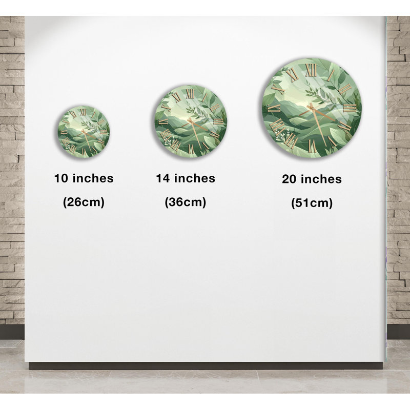 Horloge murale en verre trempé vert floral, montre inspirée de la nature, décoration botanique, art mural décoratif, horloge ronde