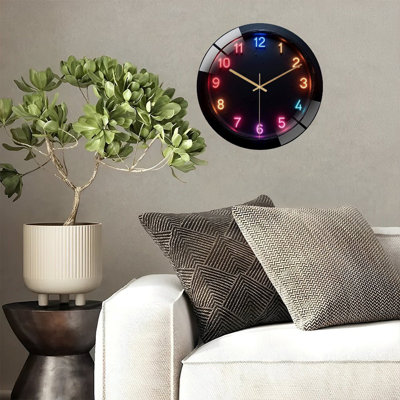 LED Neon Wall Clock with Colorful Light Display Art - 12'' Modern Glass Wall Clock