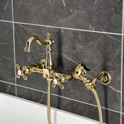 Kingston Brass Heritage Double-Handle 3-Hole Wall-Mount Bridge Kitchen Faucet with Brass Sprayer
