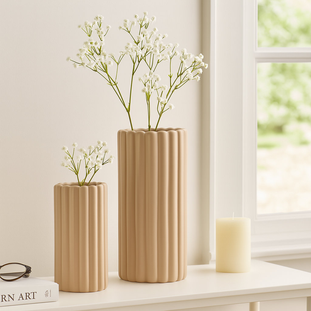 Kyrie Chic Sculpted Vase, Set of 2, Ribbed Cream