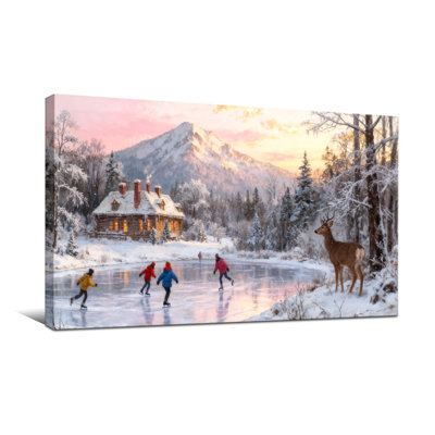 Scène de Noël d'hiver avec patineurs et cerfs