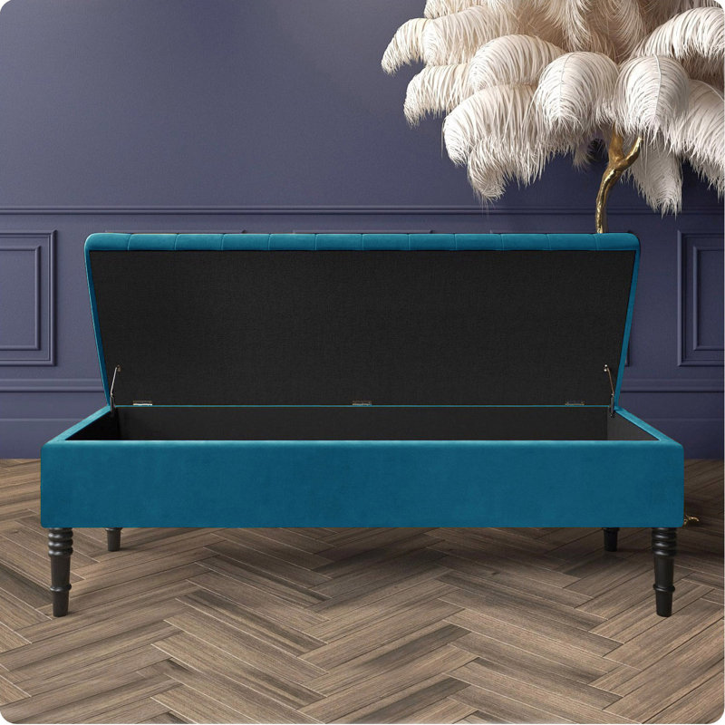 Safar Striped Ottoman Storage Bench – Upholstery Plush Velvet Shoe Bench with Black Turned Wooden Legs, Emerald Green