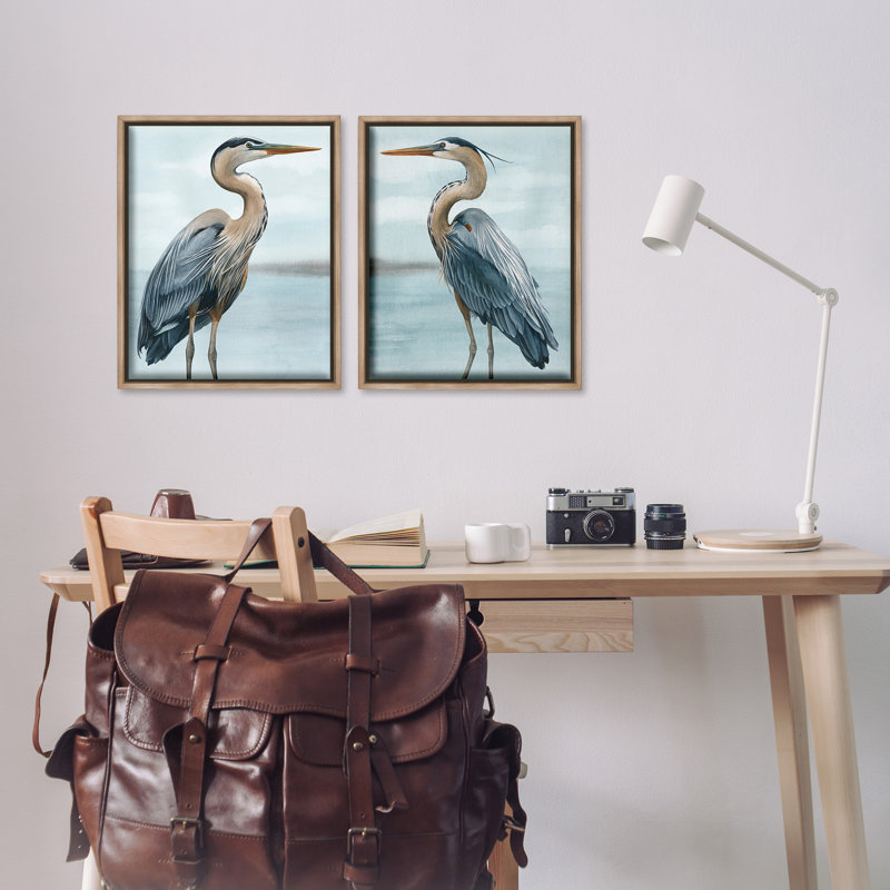 «Détaillé Heron Bird Duo», ensemble de 2 toiles flottantes encadrées par Grace Popp, Cadre flottant orme Montalcino