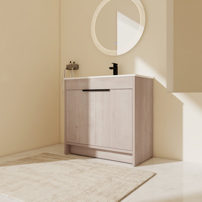 Meuble-lavabo sur pied simple 35,93 po avec plateau en céramique Caiceo, Chêne clair uni