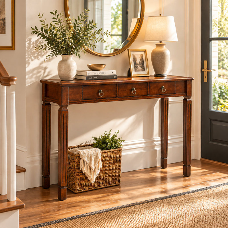 Console traditionnelle en bois, table d'entrée de 120 cm de long avec 3 tiroirs de rangement, plateau en placage à chevrons et pieds cannelés, table d'appoint en noyer pour couloir ou salon