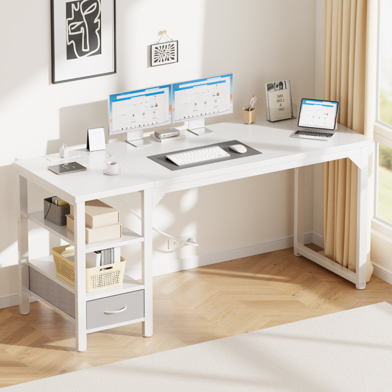 Bureau d'écriture de 122 cm avec tiroir, bureau d'ordinateur réversible de 3 cm d'épaisseur, table de bureau, blanc, Blanc
