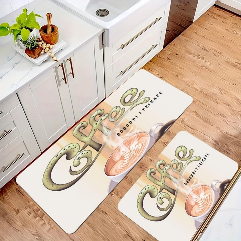 Beige Coffee Cup Kitchen Mats, 2 PC, for Kitchen & Cafe Nook