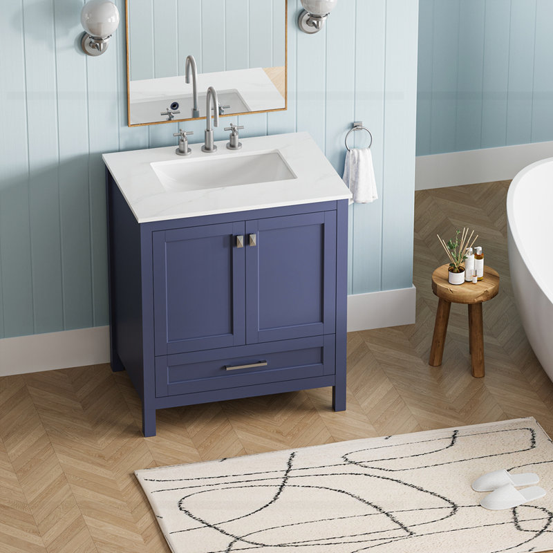 Meuble-lavabo de salle de bain entièrement assemblé avec comptoir en marbre, Marine