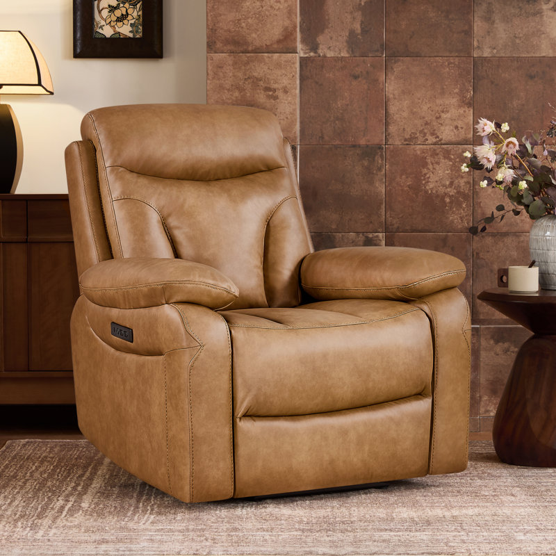 35.8" W  Vegan Leather zero clearence recliner Dual Motor Power Recliner With Power Headrest, Saddle