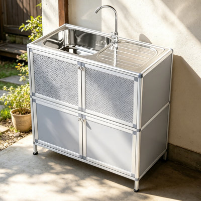 Évier autoportant en acier inoxydable avec armoire, lavabo pratique pour le rangement de la salle de lavage, lavabo à légumes sur pied pour patio extérieur.