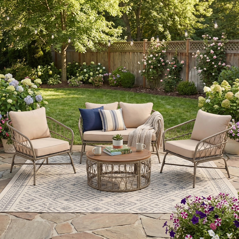 Ensemble de conversation d'extérieur 4 pièces avec coussins amovibles, ensemble de conversation pour patio avec plateau en bois pour la cour, près de la piscine