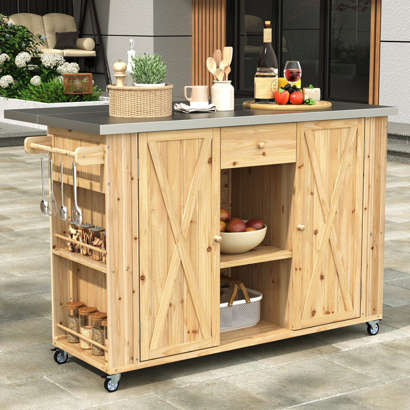 Outdoor Kitchen Island In Grey - Solid Fir Wood & Stainless Steel, Foldable Worksurface, Storage Areas, Towel Spice , Bottle Opener, Lockable Wheels For Practical Use Color Top, Compartments, And