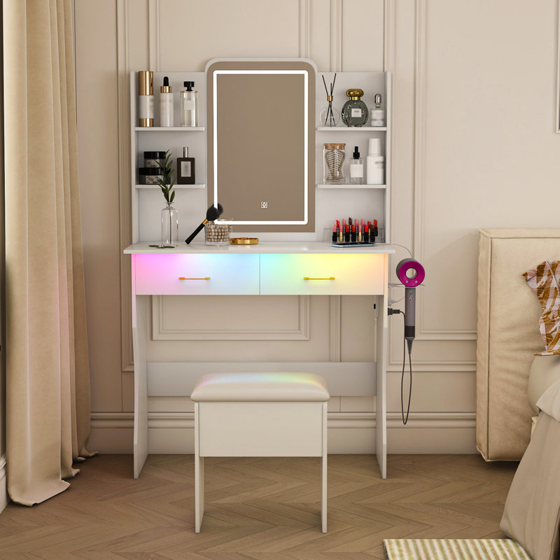 Coiffeuse avec éclairage ambiant intelligent, 2 prises de courant alternatif et 6 espaces de rangement ouverts pour les chambres des femmes