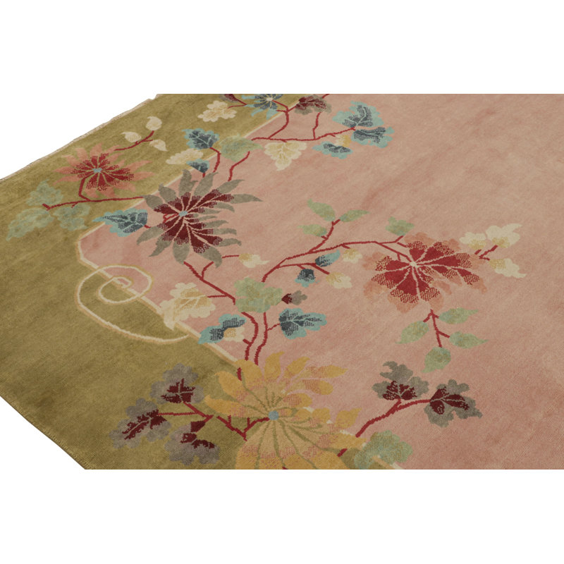 Art Deco Hand Knotted Wool Floral Area Rug, Rectangle 12' x 16'